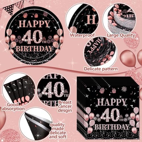 Funnymoom 452 Pcs 40th Birthday Decorations for Women Black and Rose Gold 40th Birthday Paper Plates Cups Napkins Tablecloth Cutlery Straws for Girls Women 40 Year Old Party Supplies for 50 Guests - Image 2