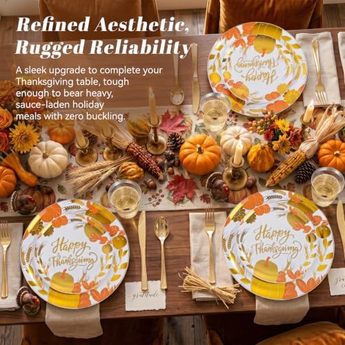 KIRE 150PCS Thanksgiving Plates Dinnerware Pumpkins - Plastic Thanksgiving Plates with Gold Silverware Include 25 for Dinner 25 for Salad 25Forks 25Knives 25Spoons 25Gold Cups - Image 5