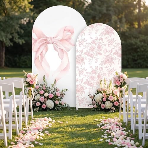 Mindsoft 2 Set Pink Bow Floral Arch Backdrop Cover 7.2ft 6.6ft - Image 4