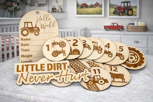 SM Design Baby Milestone Markers Set of 12 + Birth Announcement Sign | Monthly Baby Photo Props | First Year Milestones | Nursery Wall Decor | Hobby Theme (Farm) - Image 7