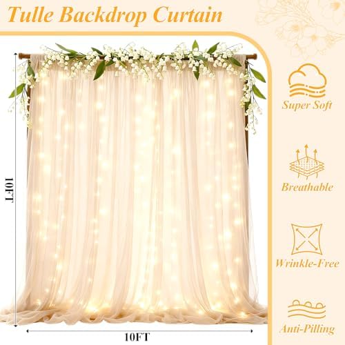 Ledido 10×10ft Beige Tulle Backdrop Curtain with Light(2 Panels 5×10ft) - Image 2