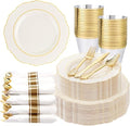 Liacere 350PCS Ivory Plastic Plates-Cream Disposable Plates With Gold Rim- Baroque Plastic Dinnerware include 100 Plates - 50 Pack Pre Rolled Napkins Silverware 50Cups for Thanksgiving＆Fall Party by Liacere