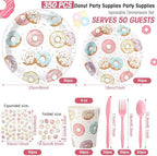 Ziliny 350 Pcs Donut Grow up Party Supplies Tableware Set Disposable 9'' 7'' Paper Plates 9 oz Cups Cutlery Napkins Dinnerware Set for 1st Birthday, Serve 50 (Donut Grow Up, Macron Color) - Image 2