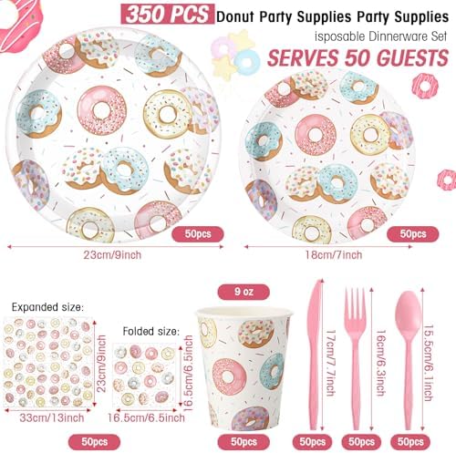 Ziliny 350 Pcs Donut Grow up Party Supplies Tableware Set Disposable 9'' 7'' Paper Plates 9 oz Cups Cutlery Napkins Dinnerware Set for 1st Birthday, Serve 50 (Donut Grow Up, Macron Color) - Image 2