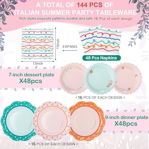144 Pcs 48 Guests Italian Summer Party Plates and Napkins - Image 2