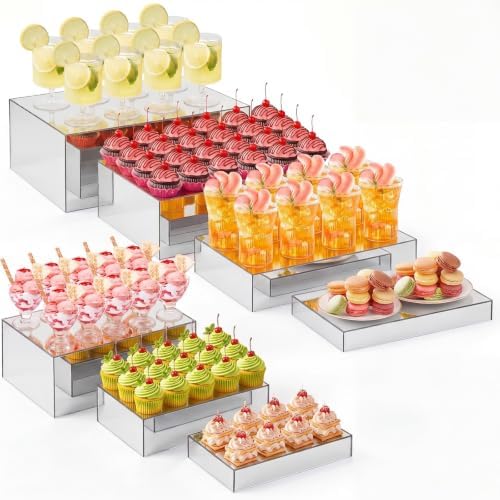 Leinuosen 7 Pcs Large Acrylic Buffet Risers, 6-12" Rectangle, Silver by Leinuosen