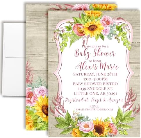 Amanda Creation Dahlia Sunflower Personalized Baby Shower Invitations, Sunflower Baby Shower Invitations, 20 Personalized 5x7 Double-Sided Cards with White Envelopes, Made in USA by AmandaCreation