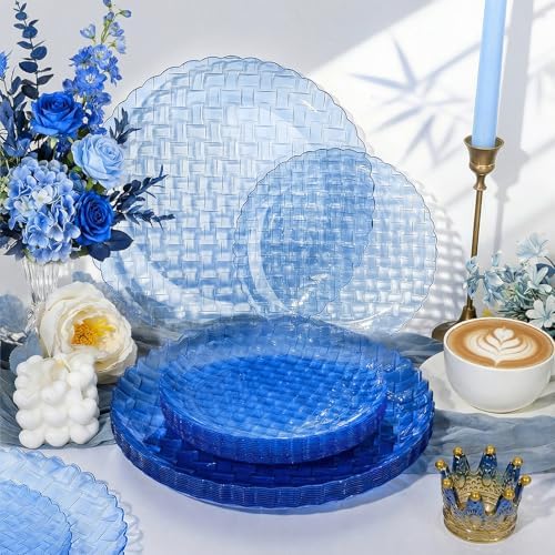 Festiva 60PCS Clear Blue Plastic Plates - Heavy Duty Weave Pattern Fancy Disposable Plates -serve for 30 guests Include 30PCS 10" & 30PCS 7" Plates for Birthday & Easter Party(Blue) - Image 3