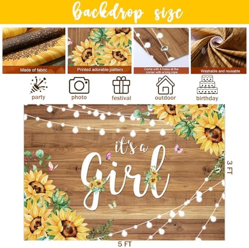 Hombae Sunflower Baby Shower Decorations, Baby Shower Decorations, Sunflower Themed Balloon It’s a Girl Backdrop Welcome Baby Glitter Banner Box Cutouts Cake Topper Daisy Sunflower Gold Yellow - Image 5