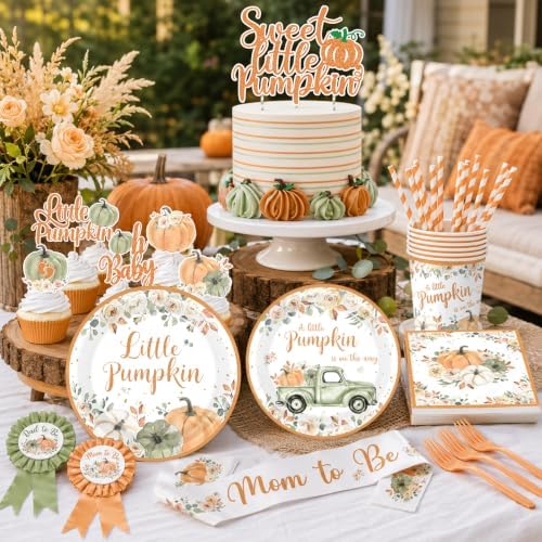 275pcs Little Pumpkin Baby Shower Decorations for Boy or Girl Fall Baby Shower Plates and Napkins Cups Backdrop Tablecloth Balloons for for A Little Pumpkin Is On The Way Baby Shower Decorations - Image 6