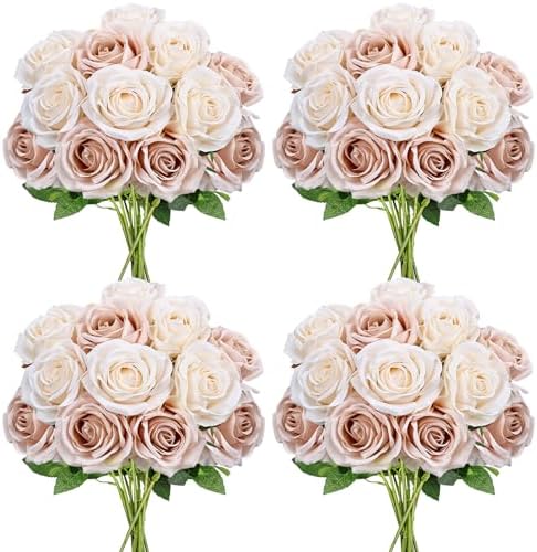 48 PCS Boho & Champagne Roses Artificial Flowers, Silk by DIYDOFUN