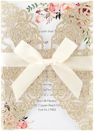 50Pcs Laser Cut Invitations with Envelopes and RSVP Cards Gold Glitter by AdasBridal