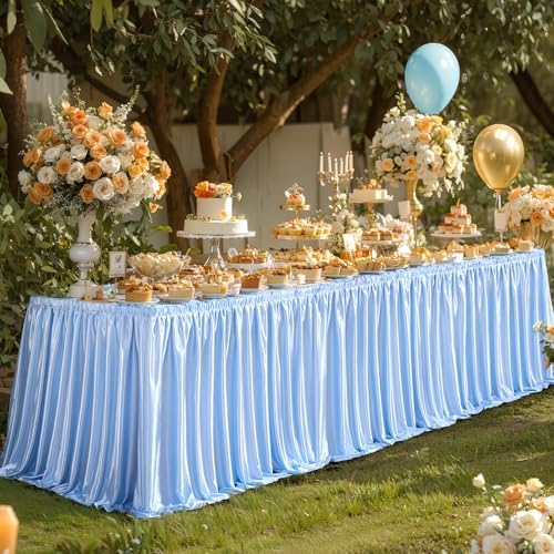 14ft Length Blue Satin Table Skirt Rectangle Tables-Wrinkle Resistant Ruffle Table Skirting Glitter Desk Cover Skirt for Baby Shower Birthday Party Ocean Shark Gender Reveal Cake Table Decorations by Partisky
