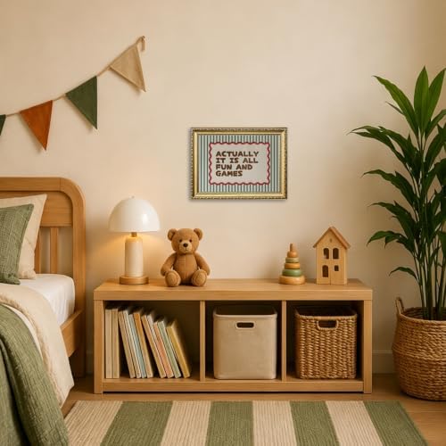 Vintage Gold Framed Wall Art Actually It Is All Fun And Games Sign Wall Decor Picture Funny Playroom Quote Striped Poster Canvas Painting Print for Kids Game Room Bedroom 12x16 inch - Image 3