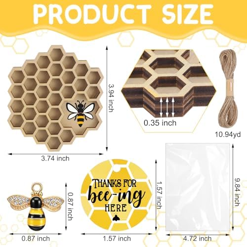 24 Sets Bee Party Favor Honeycomb Wood Coaster Set with Charm - Image 3