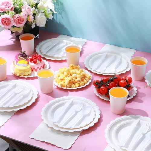 Ziliny 350 Pcs White Plates and Napkins, 50 Guest White Party Supplies Include Scalloped Paper Plates Napkins Cups Plastic Spoons Forks Knives Disposable Tableware Set for Weeding Bridal Baby Shower - Image 6