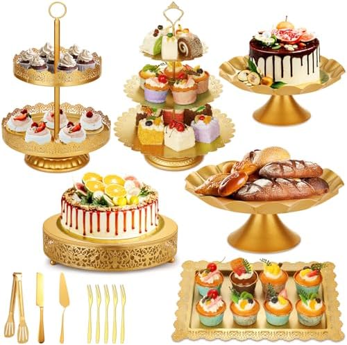 Audab Gold Dessert Table Display Set, Including Cake Stand, Cupcake Stand, Serving trays, Platters, Cake Cutting Set and Serving Tongs for Vintage Wedding Decor, Party Food Decorations by Audab