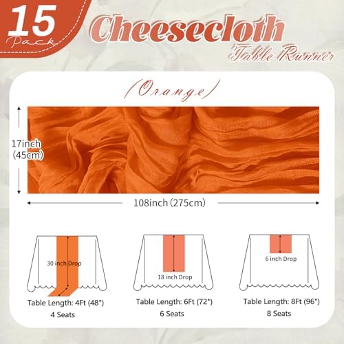 15 Pack Orange Cheesecloth Table Runner 17 x 108 inch Cheese Cloth Table Runners 9ft Orange Table Runner Rustic Romantic Sheer Gauze Runner for Wedding Party Baby Shower Table Decoration - Image 2