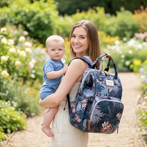 Diaper Bag Backpack for Dad and Mom with USB Charging Port Stroller Straps and Insulated Pocket,army military Travel Nappy Backpack for Daddy/Mommy (Flower Pattern) - Image 2