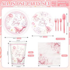 LemonRoad 175 Pcs Pink Sea You Soon Baby Shower Party Supplies Set Under The Sea Party Including Disposable Paper Plates Napkins Cups Spoons Forks Suitable for Beach Weddings Bachelorette - Image 2