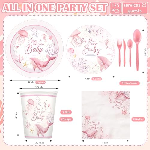 LemonRoad 175 Pcs Pink Sea You Soon Baby Shower Party Supplies Set Under The Sea Party Including Disposable Paper Plates Napkins Cups Spoons Forks Suitable for Beach Weddings Bachelorette - Image 2