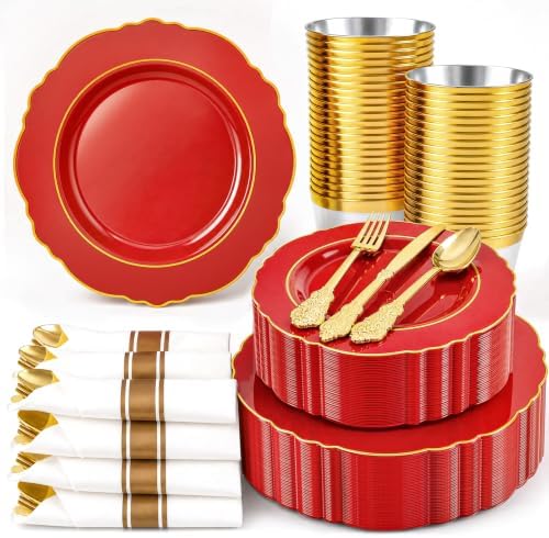Liacere 350PCS Red Plastic Plates - Red Disposable Plates With Gold Rim - 50Guest Baroque Plastic Dinnerware include 100Plates-50Pack Pre Rolled Napkins with Silverware 50Cups for Independence Day by Liacere