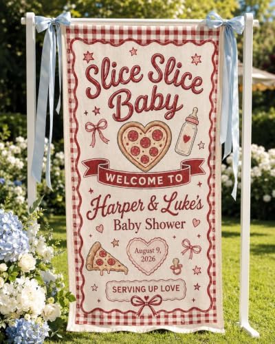 Slice Slice Baby Red Gingham Pizza Baby Shower Linen Fabric Welcome Banner by Custom