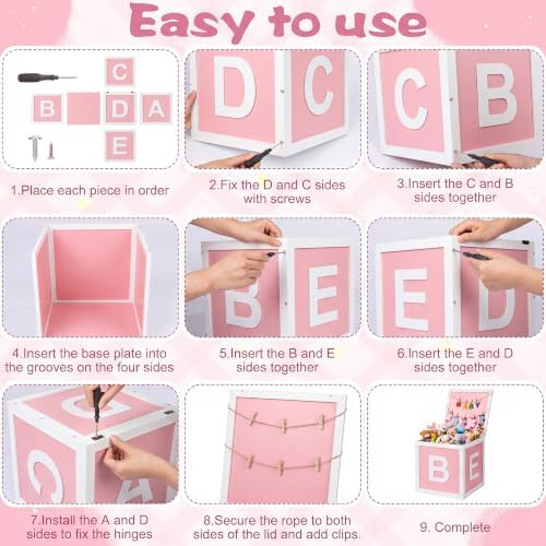 Novabright Wooden Baby Shower Box, ABC Letters Gift Chest Decor, Pink - Image 4