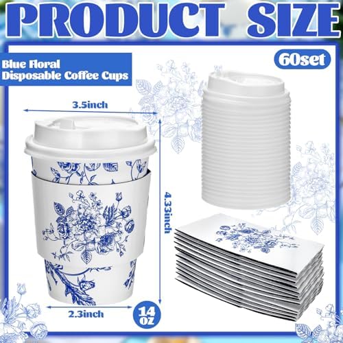 Vesici 60pcs 14oz Blue and White Disposable Coffee Cups with Lids and Sleeves Chinoiserie Toilet Floral Coffee Cup Botanical Herb Paper Cup for Summer Birthday Wedding Bridal Shower Tea Party Supplies - Image 2