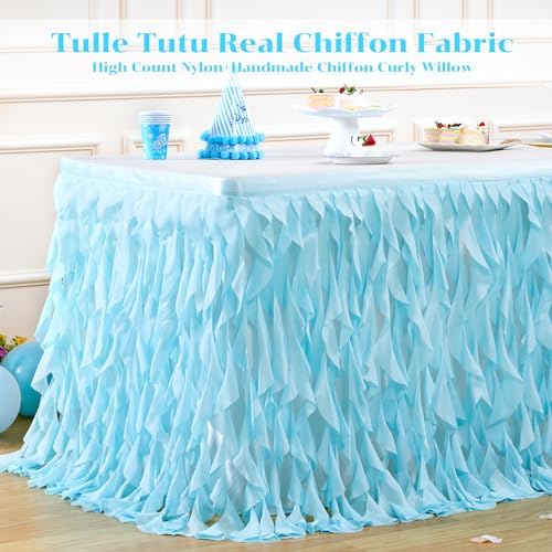 Partisky Aqua Blue Tulle Curly Willow Table Skirt for Rectangle Table 14ft, Ruffle Tutu Table Cloth for Boys Baby Shower,Birthday Party Candy Cake Tables - Image 4