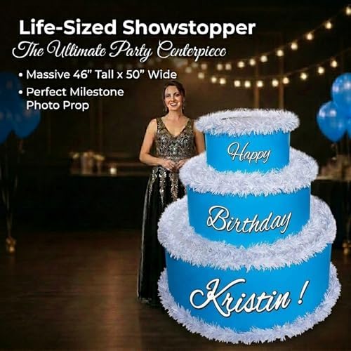 Anderson's Blue & White Personalized Pop-Out Birthday Cake, Life-Size Faux Cake with Script Font, Custom Name, Surprise Reveal Prop for Milestone Parties, Photo Ops, Store or Business Events - Image 5