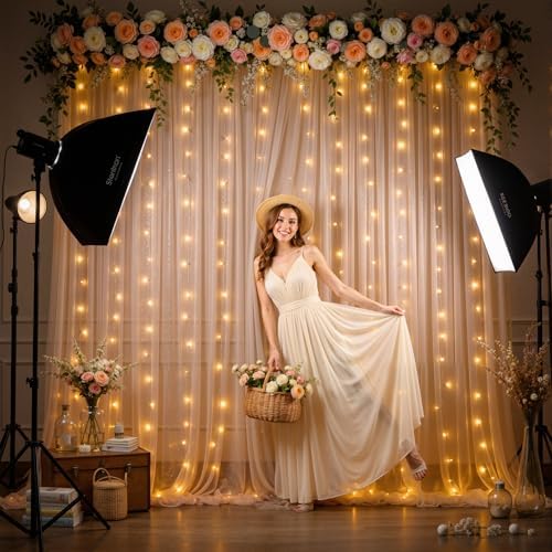 10x10ft Dark Champagne Tulle Backdrop Curtains with Lights String for Parties,Wrinkle Free Sheer Curtain Wedding Photo Backdop Drapes for Baby Shower Birthday Party Photography Home Decorations - Image 2