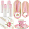 200Pcs Floral Tea Cups and Saucers for Tea Party Supplies, Disposable Tea Cups with Handle and Paper Napkins Dinnerware for Floral Theme Birthday Wedding Bridal Shower Baby Shower（Pink） by EggSun