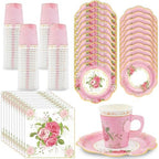 200Pcs Floral Tea Cups and Saucers for Tea Party Supplies, Disposable Tea Cups with Handle and Paper Napkins Dinnerware for Floral Theme Birthday Wedding Bridal Shower Baby Shower（Pink） by EggSun