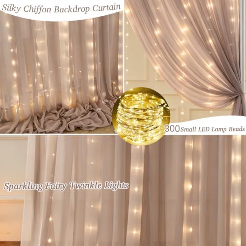 10ft x 10ft Taupe Chiffon Backdrop Curtain with Lights String for Parties,2 Panels Sheer Tulle Curtain Wedding Backdrop for Baby Shower Birthday Party Ceremony Reception Home Decorations - Image 4