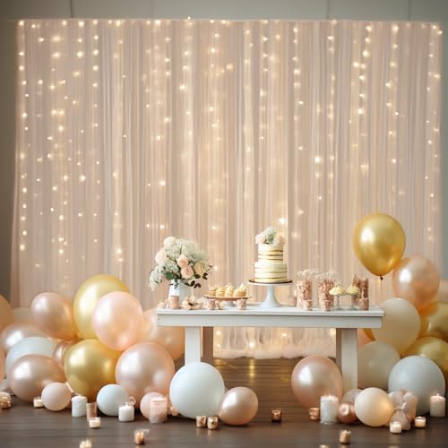 30x8ft Champagne Tulle Backdrop Curtain with Lights String for Parites, Sheer Backdrop Curtains for Wedding Baby Shower Birthday Party Photo Shoot Decorations - Image 3