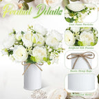 6 Sets Artificial Peonies Flower Peony Bouquet with Galvanized Metal Pot Silk Fake Peonies Faux Flower Arrangements for Wedding Table Centerpiece Party Home Room (White) - Image 3