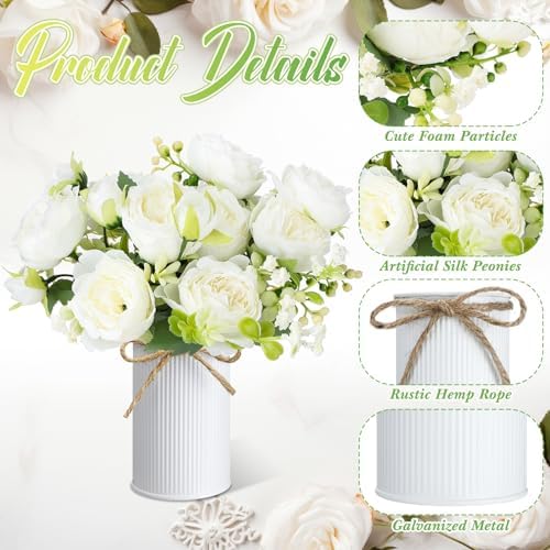 6 Sets Artificial Peonies Flower Peony Bouquet with Galvanized Metal Pot Silk Fake Peonies Faux Flower Arrangements for Wedding Table Centerpiece Party Home Room (White) - Image 3