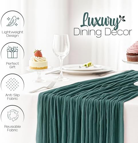 12 Pack Emerald Green Cheesecloth Table Runners 10FT Long – 35 x 120 Inch Boho Gauze Table Runners for Engagement, Wedding, Baby Shower & Home Decor – Soft Wrinkled Polyester Fabric - Image 5