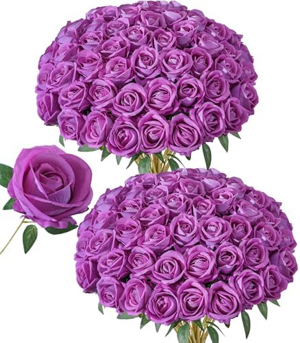 50 PCS Fuchsia Roses Artificial Flowers, Fake Roses with Stem Realistic Silk Roses for DIY Wedding Bouquets Table Centerpieces Arrangements Baby Shower Birthday Home Decor Valentine's Day Gift for Her by HyeFloraartificialflowers