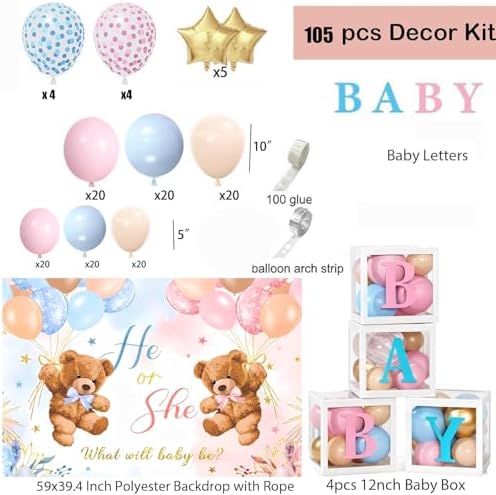 Bear Gender Reveal Decorations - 108pcs Pink Blue Balloon Garland Kit,2 Daddy and Mommy To Be Tinplate Badge Pin,stickers,plates and napkins,4pcs Baby Box With Letters,Boy or Girl Party Supplies - Image 4