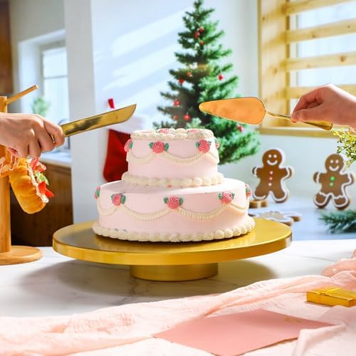 Wenqik 16 Inch Metal Gold Cake Stand with Cake Knife and Spatula, Round Dessert Table Display Stand Metal Dessert Tray Serving Platter for Party, Wedding, Birthday, Baby Shower, Anniversary - Image 5