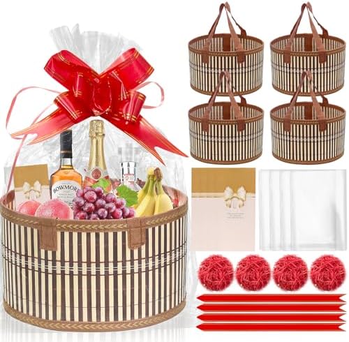 Baskets for Gifts Empty Set of 4, Bamboo Woven Gift Basket with Wrap Bags, Pull Bows, Raffia, Greeting Cards – Gift Basket Making Kit for Birthday, Shower, Housewarming by Unknown