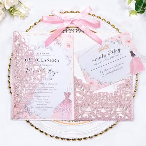 Pink Laser Cut Wedding Invitations 25pcs Tri-Fold Wedding Invitation Kit by Maffily