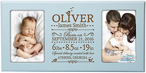 Personalized New Baby birth announcement picture frame for newborn boys and girls Custom engraved photo frame for new mom and dad parents and grandparents holds 2 4x6 photos (Blue) by LifeSongMilestones