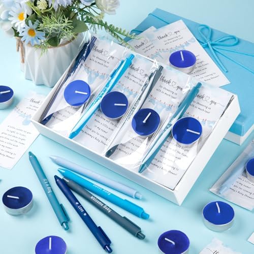 Spakon 60 Sets Baby Shower Favors for Guests Include Unscented Tealight Candles Multicolor Ballpoint Pen Thank You Card OPP Bags Gender Reveal Gifts for Baby Shower Game Prizes(Blue,Boy) - Image 4