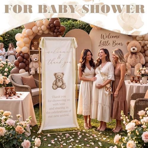 Baby Shower Welcome Linen Sign Stand with Satin Ribbon, Beige - Image 3