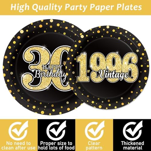 200PCS 30th Theme Birthday Party Tableware Vintage 1996 Party Supplies 30 Year Old Birthday Decorations Plates Napkins Forks Black and Gold Dinnerware Favors for Men or Women - Image 3