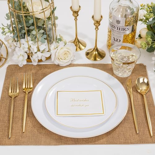 bUCLA 150PCS White and Gold Plastic Plates Disposable - 25 Guests Gold Dinnerware Set - Include 25 Each (Dinner & Dessert) Plates, 25 Knives, 25 Forks, 25 Spoons & 25 Cups for Party - Image 5