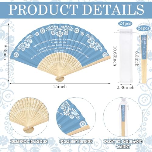 Barydat 24 Sets Cielito Lindo Baby Shower Favors De Barro Paper Hand Fans with Organza Bags Mexican Folding Fans Handheld Home Decor DIY Supplies for Guest Talavera Bridal Baby Shower(Blue) - Image 6